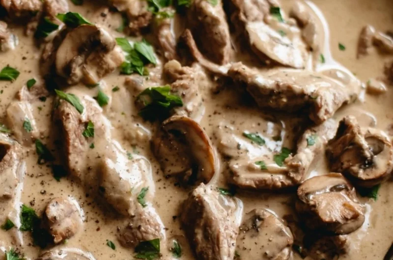 Cozy beef stroganoff served in a bowl with fresh parsley garnish