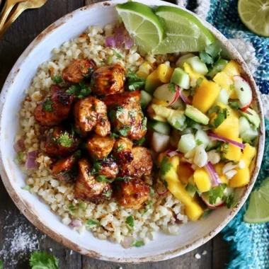 Cozy cilantro lime chicken bowl with riced cauliflower and fresh ingredients