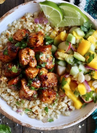 Cozy cilantro lime chicken bowl with riced cauliflower and fresh ingredients