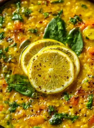 Bowl of anti-inflammatory golden lemon lentil soup with fresh herbs