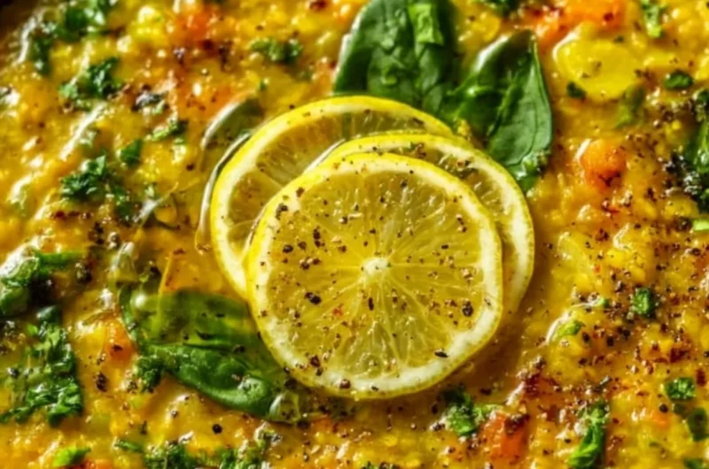 Bowl of anti-inflammatory golden lemon lentil soup with fresh herbs