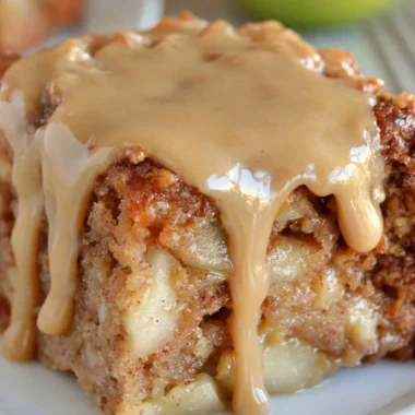 Delicious homemade Apple Dapple Cake topped with caramel and nuts.