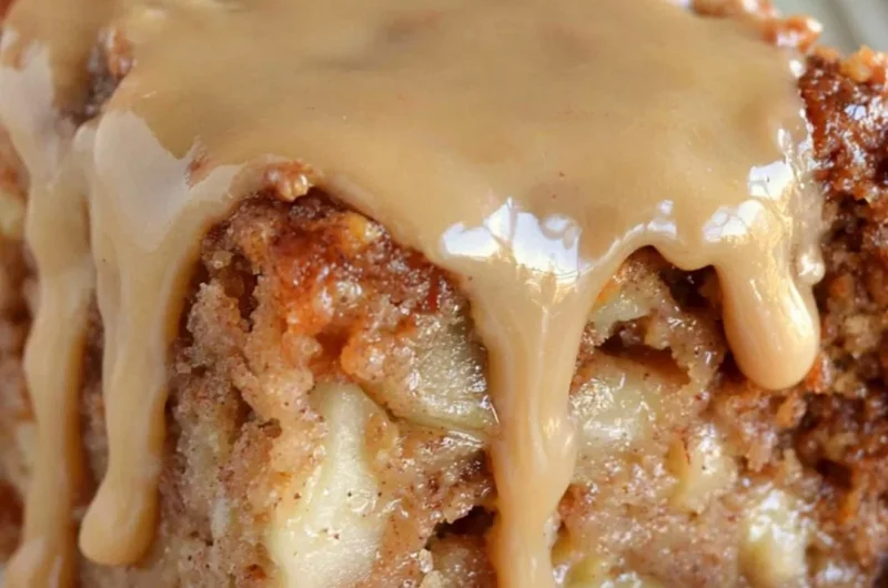 Delicious homemade Apple Dapple Cake topped with caramel and nuts.
