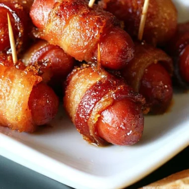 Delicious bacon wrapped smokies drizzled with brown sugar glaze on a serving platter