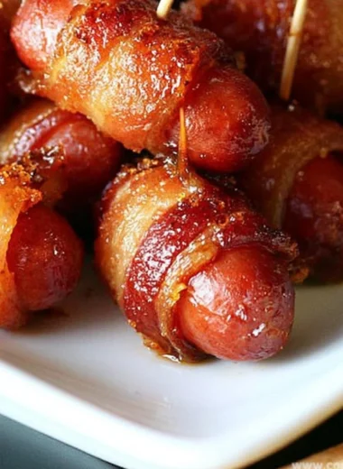 Delicious bacon wrapped smokies drizzled with brown sugar glaze on a serving platter