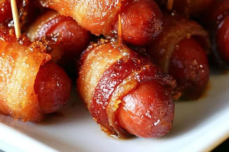 Delicious bacon wrapped smokies drizzled with brown sugar glaze on a serving platter