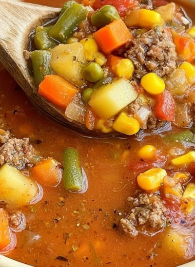 Bowls of hearty hamburger soup filled with vegetables and ground beef