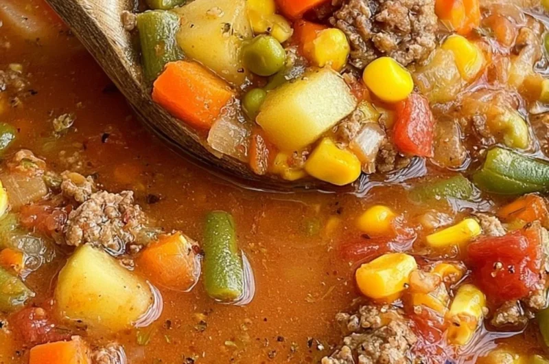 Bowls of hearty hamburger soup filled with vegetables and ground beef