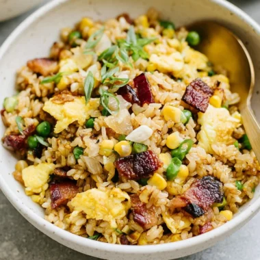 Delicious breakfast fried rice served in a bowl with colorful vegetables