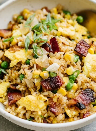 Delicious breakfast fried rice served in a bowl with colorful vegetables