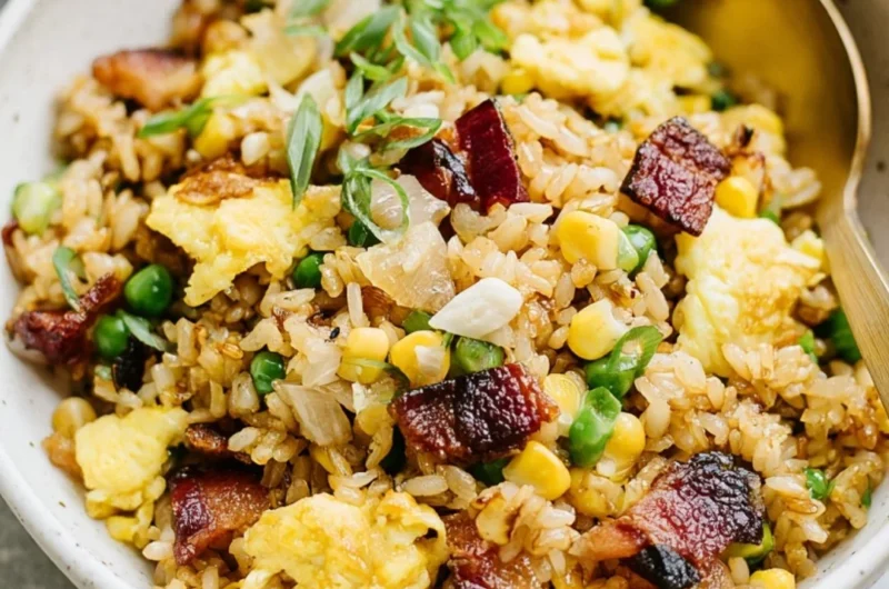 Delicious breakfast fried rice served in a bowl with colorful vegetables