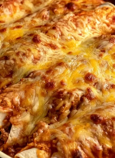 Cheesy beef and cheese enchiladas topped with sauce and cheese