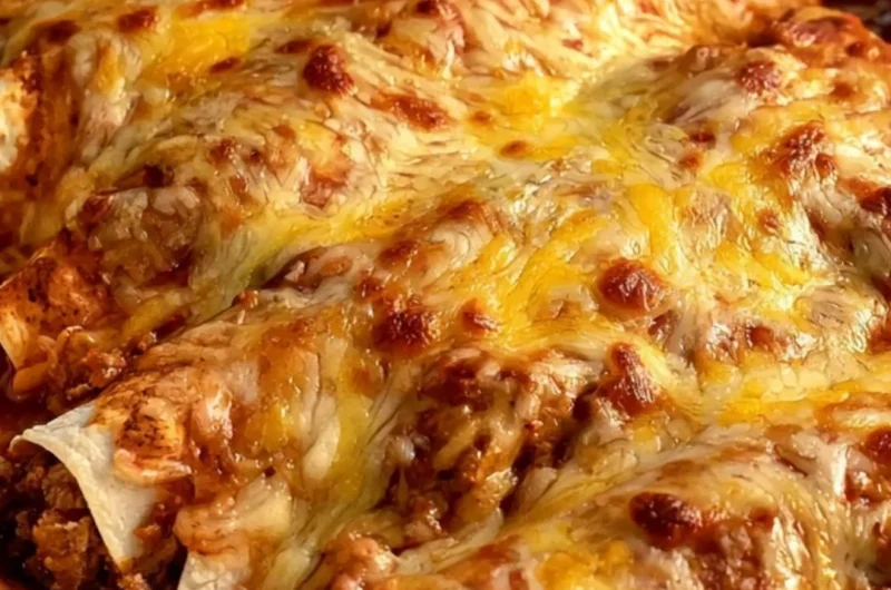 Cheesy beef and cheese enchiladas topped with sauce and cheese