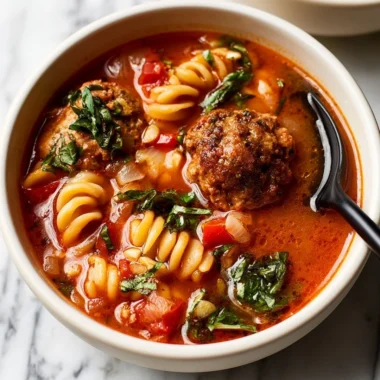 Bowl of delicious meatball soup with fresh herbs and vegetables