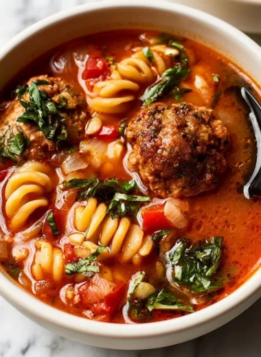 Bowl of delicious meatball soup with fresh herbs and vegetables