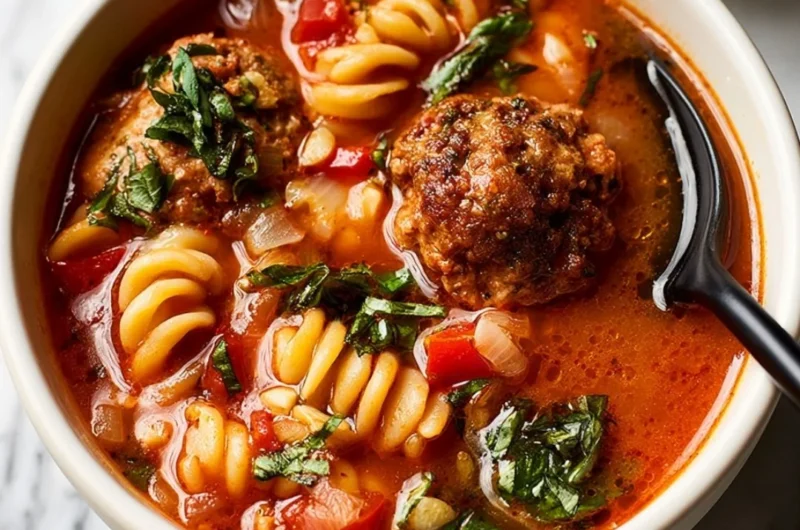 Bowl of delicious meatball soup with fresh herbs and vegetables