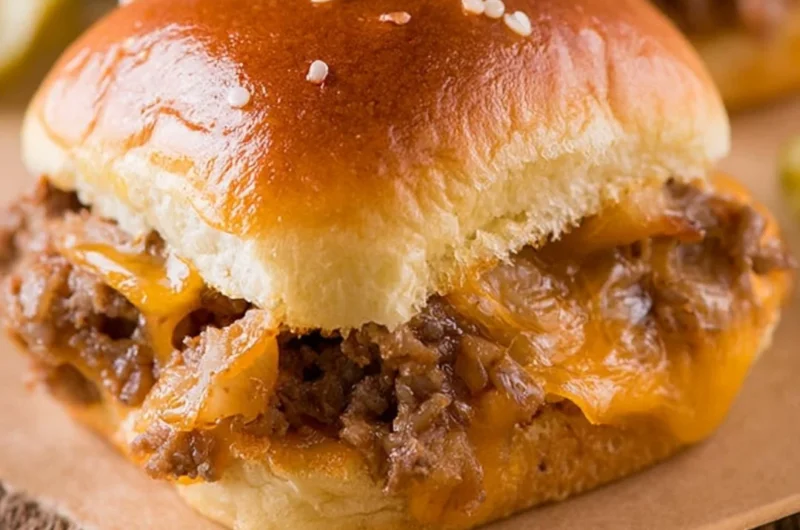 Delicious cozy cheeseburger sliders served on a wooden board.