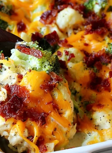 Cozy chicken bacon ranch casserole topped with crispy bacon and melted cheese