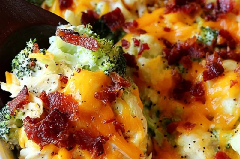 Cozy chicken bacon ranch casserole topped with crispy bacon and melted cheese