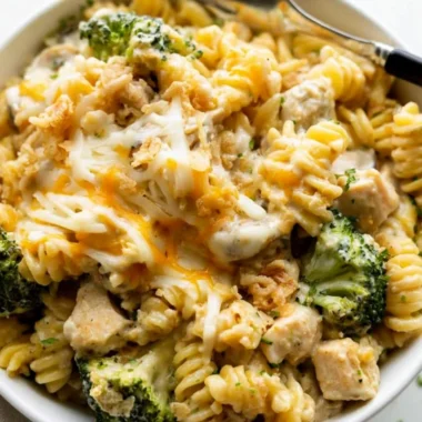 Cozy chicken noodle casserole baked with tender chicken and creamy sauce