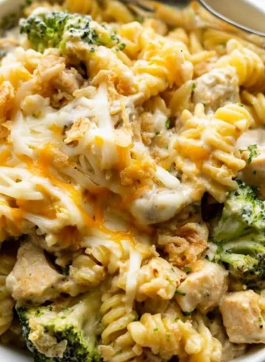 Cozy chicken noodle casserole baked with tender chicken and creamy sauce