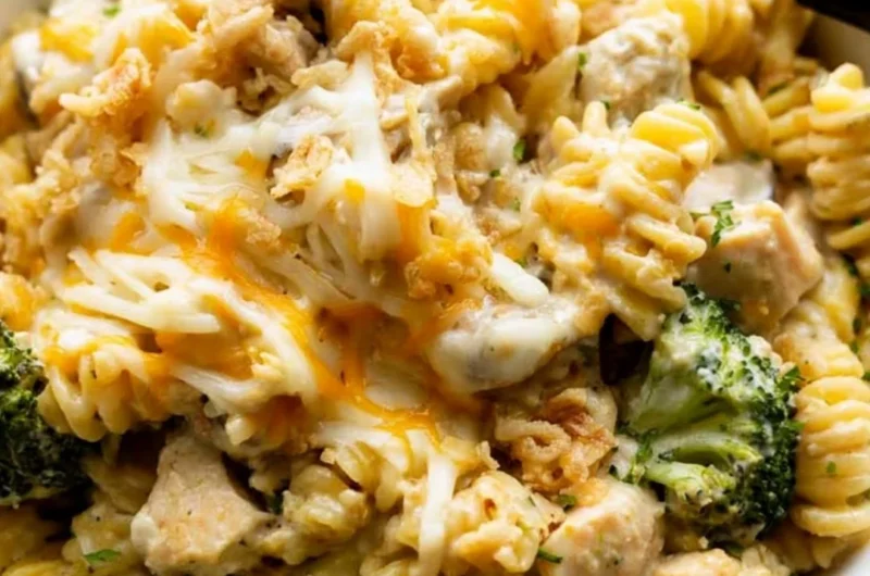 Cozy chicken noodle casserole baked with tender chicken and creamy sauce