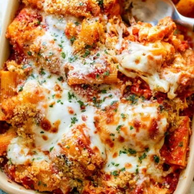Cozy Chicken Parmesan Casserole topped with melted cheese and marinara sauce