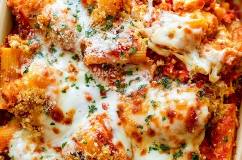 Cozy Chicken Parmesan Casserole topped with melted cheese and marinara sauce