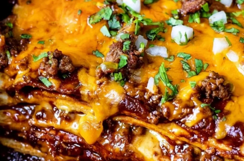 Delicious beef enchilada casserole topped with melted cheese and fresh ingredients
