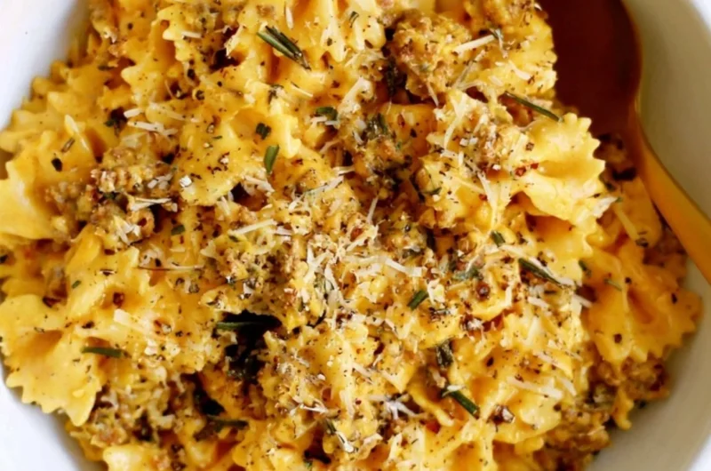 Creamy pumpkin pasta topped with herbs and cheese in a cozy setting.