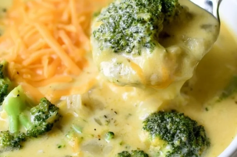 Bowl of cozy keto broccoli cheese soup garnished with cheese and herbs