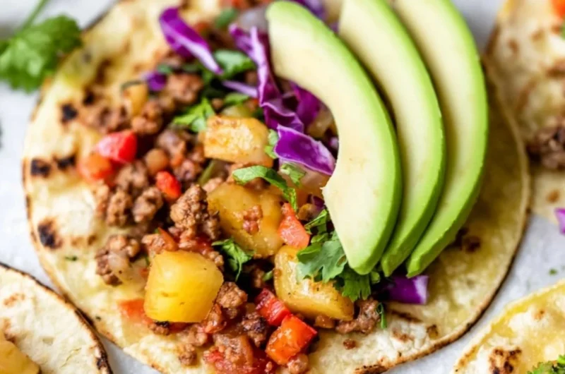 Cozy pineapple turkey tacos topped with fresh ingredients in a vibrant setting.