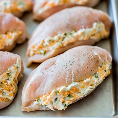 Creamy stuffed chicken breasts served with a side of vegetables