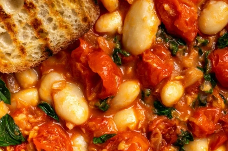 Creamy tomato basil butter beans dish served in a bowl with fresh herbs.