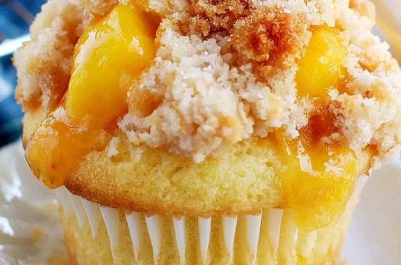 Homemade peach cobbler muffins with crumble topping on a rustic table