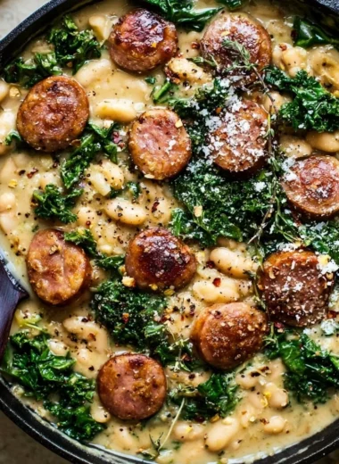 Garlic Kale, White Bean and Sausage Skillet Dinner served in a skillet