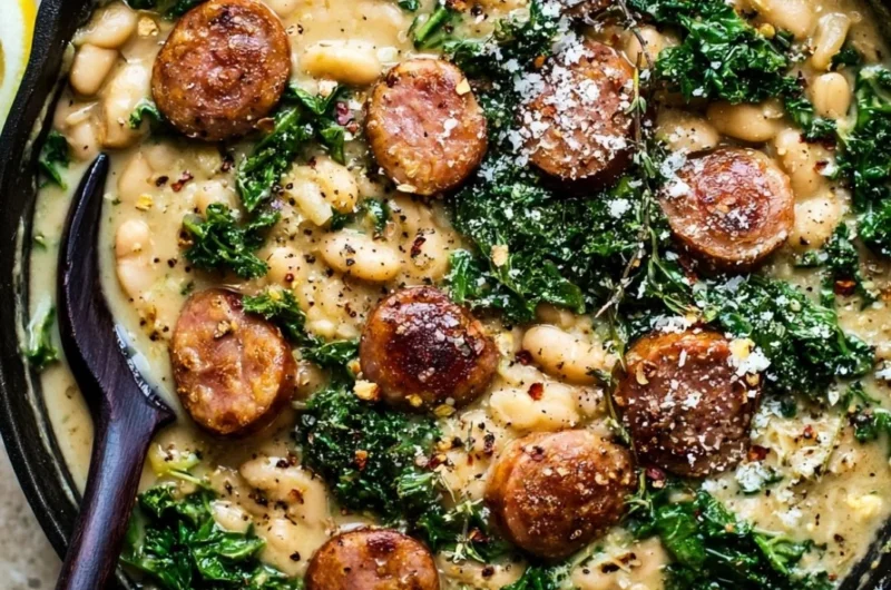 Garlic Kale, White Bean and Sausage Skillet Dinner served in a skillet