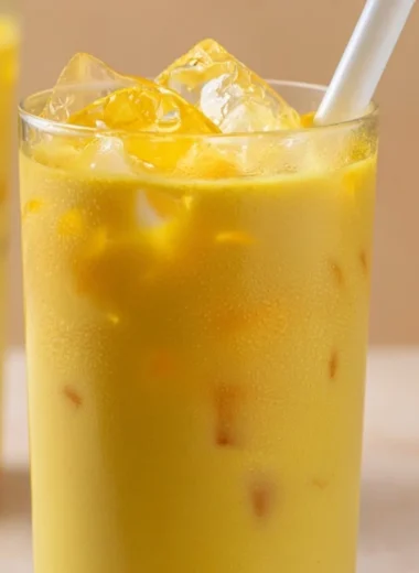 A warm cup of golden milk turmeric latte topped with spices