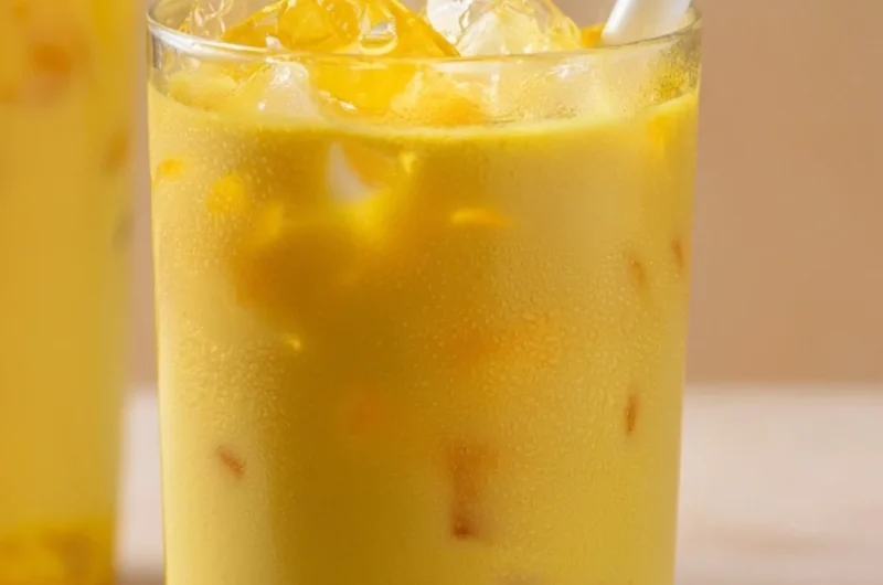 A warm cup of golden milk turmeric latte topped with spices