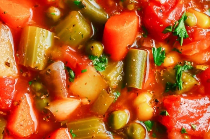 Bowl of hearty vegetable soup with fresh vegetables and herbs