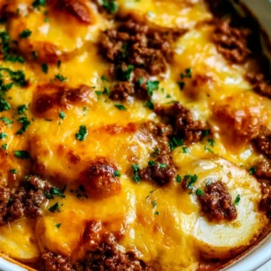 Hobo Casserole with Ground Beef and Potatoes in a baking dish