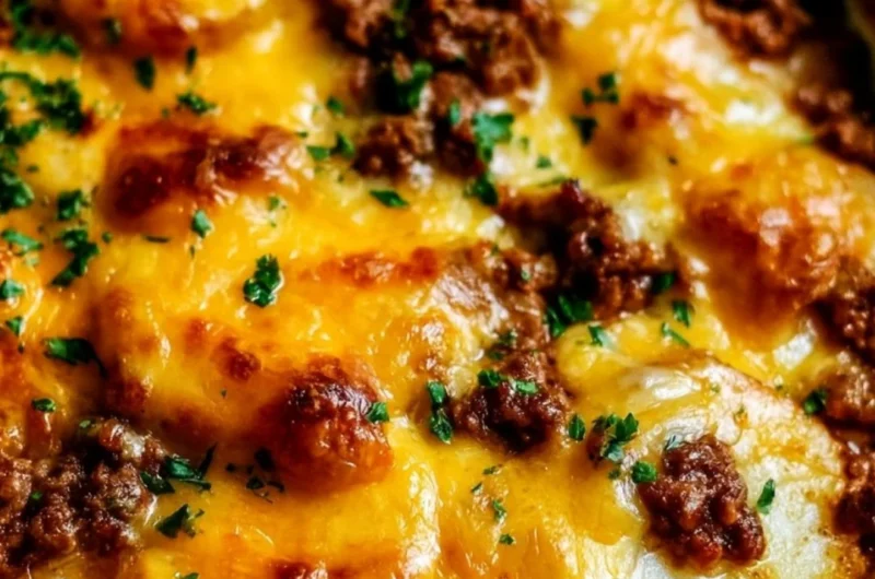Hobo Casserole with Ground Beef and Potatoes in a baking dish