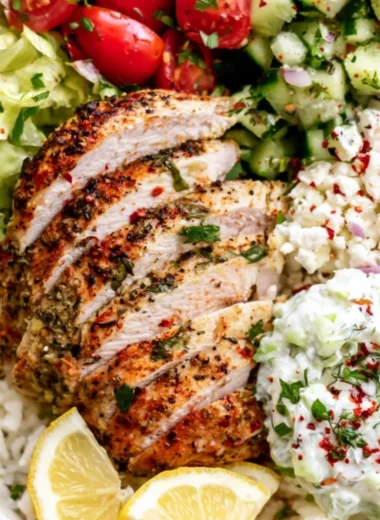 Delicious Lemon Herb Greek Chicken Bowl with fresh vegetables and lemon slices