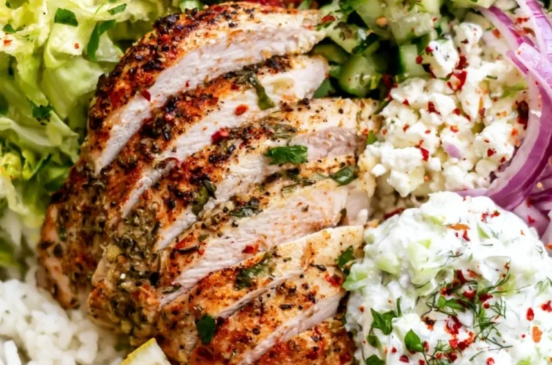 Delicious Lemon Herb Greek Chicken Bowl with fresh vegetables and lemon slices
