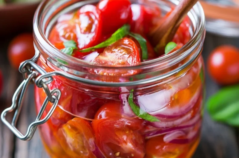 Dish of marinated cherry tomatoes garnished with herbs and spices
