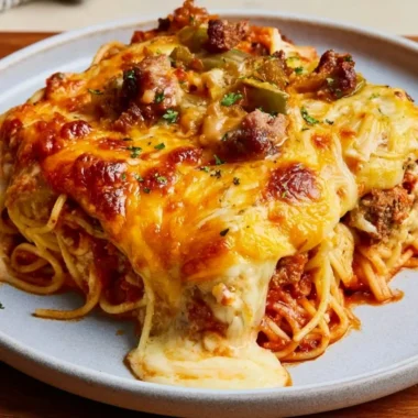 Plate of Million Dollar Spaghetti topped with cheese and herbs