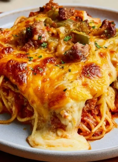 Plate of Million Dollar Spaghetti topped with cheese and herbs