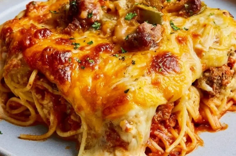 Plate of Million Dollar Spaghetti topped with cheese and herbs