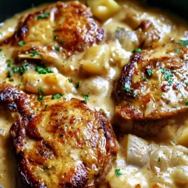 Smothered pork chop and scalloped potato casserole dish ready to serve.