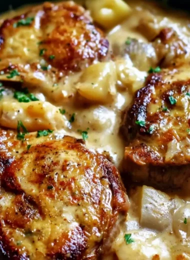 Smothered pork chop and scalloped potato casserole dish ready to serve.